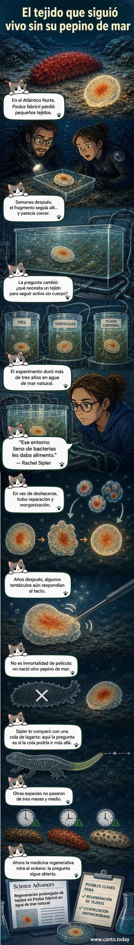 Micrografía de un pie tubular de Psolus fabricii teñido para mostrar actividad celular; áreas verdes indican alta diferenciación y organización tisular.