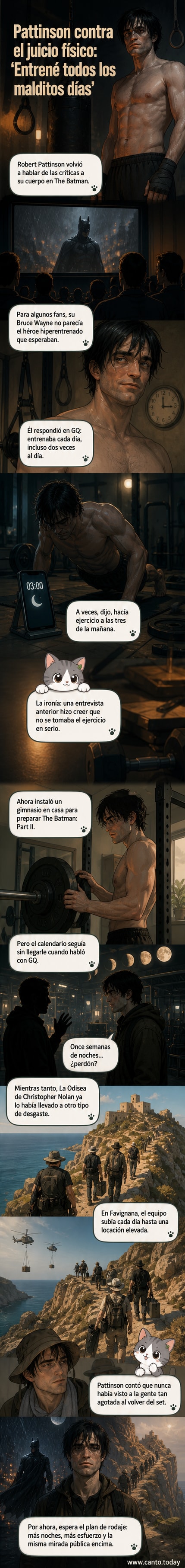 Robert Pattinson en traje de Batman, con un gimnasio en casa de fondo y un camino montañoso al fondo derecho.