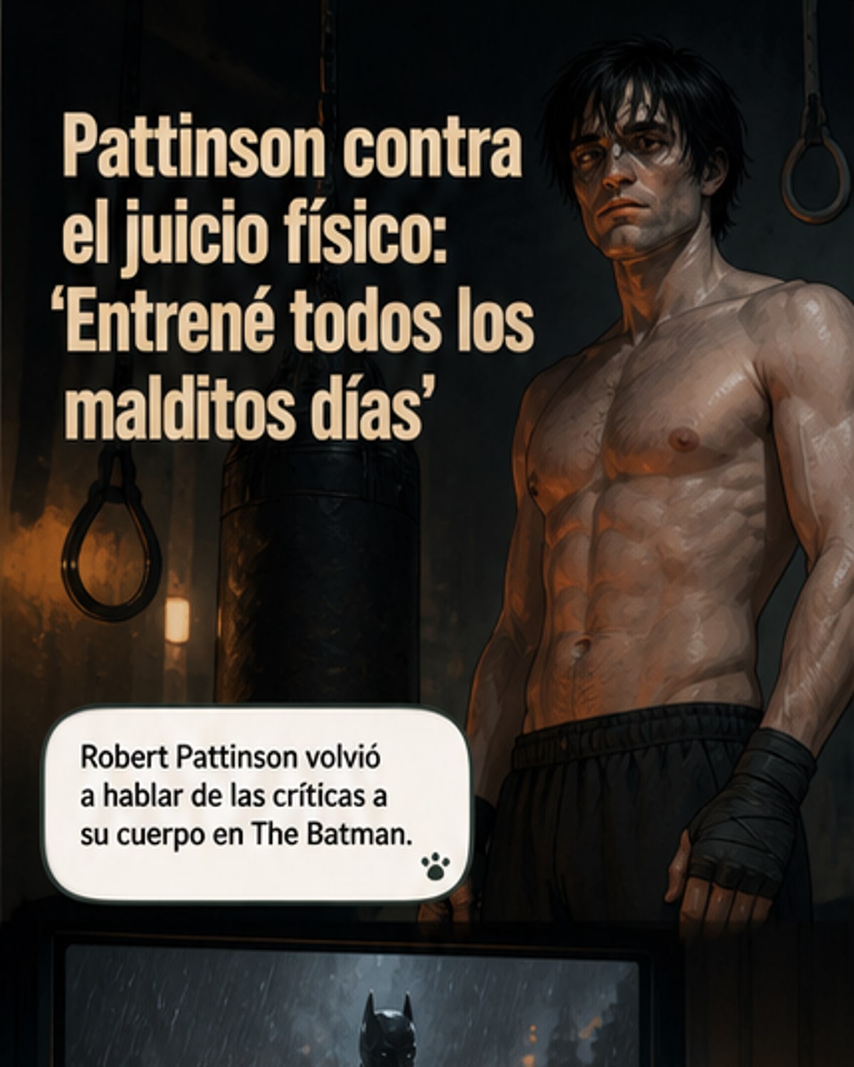 Robert Pattinson en traje de Batman, con un gimnasio en casa de fondo y un camino montañoso al fondo derecho.
