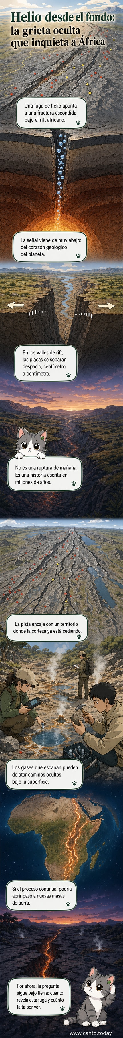 Ilustración de una fractura profunda bajo África con emanaciones de helio desde el manto terrestre, mostrando cómo el continente podría dividirse en el futuro.