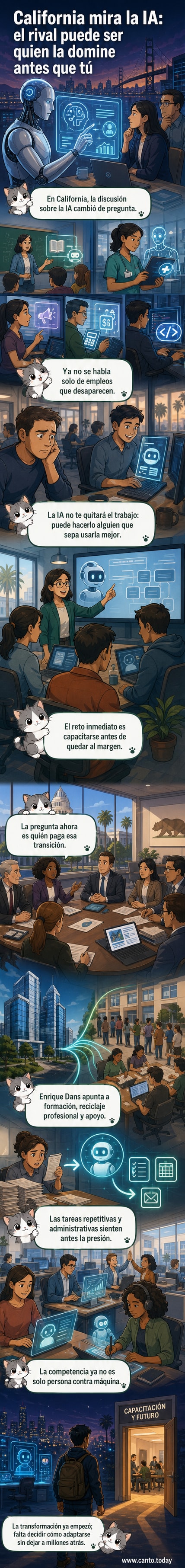 Ilustración de dos trabajadores frente a una pantalla con IA: uno domina las herramientas, el otro queda atrás.