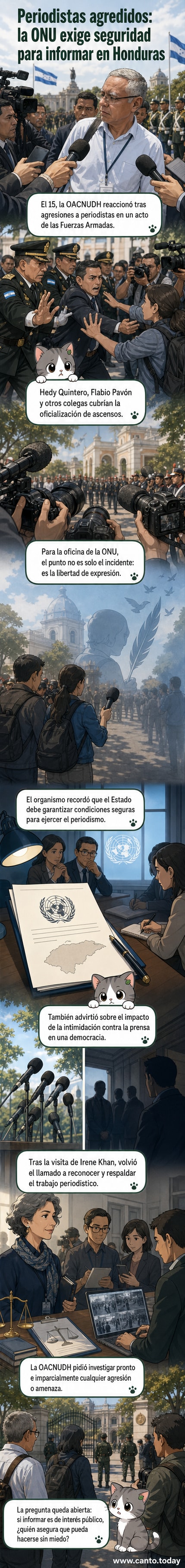 Ilustración de un periodista con micrófono protegido por un escudo con el logo de la ONU, mientras miembros de la Guardia de Honor Presidencial retroceden.