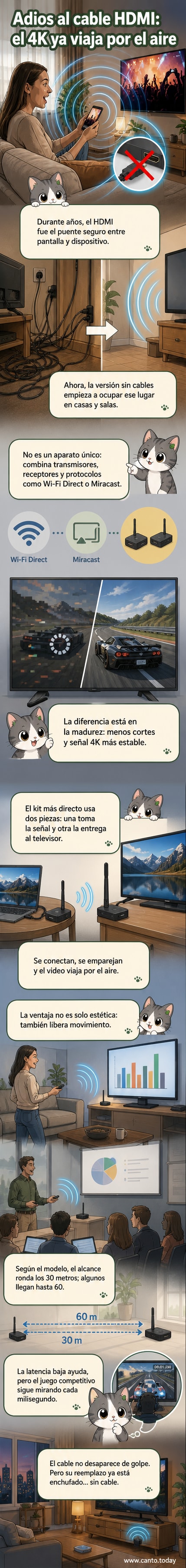 Representación visual de un kit HDMI inalámbrico transmitiendo señal desde un portátil a un televisor sin cables, con iconos de Wi-Fi y 4K.