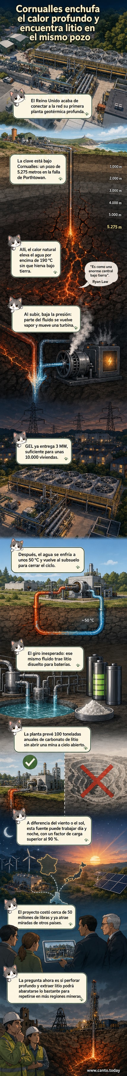 Ilustración de una planta geotérmica profunda en Cornualles, con perforación bajo tierra, generación de electricidad y extracción de litio desde fluidos calientes.