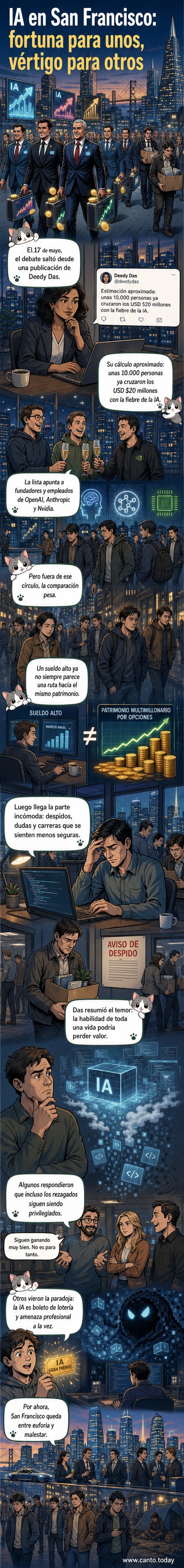 Ilustración generada con IA que muestra una ciudad dividida: un lado con luces brillantes y rascacielos etiquetados como 'OpenAI', 'Nvidia', 'Anthropic', y el otro lado con edificios oscuros y personas con expresión de preocupación frente a pantallas con código que se desvanece.