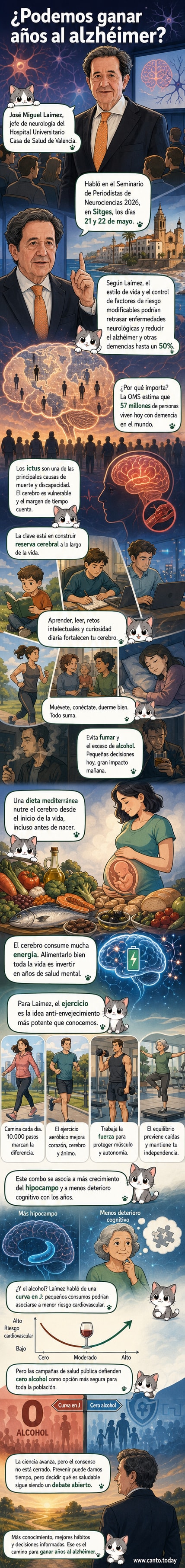 Ilustración de un cerebro humano con elementos de estilo de vida saludable como ejercicio, comida mediterránea y conexión social alrededor.