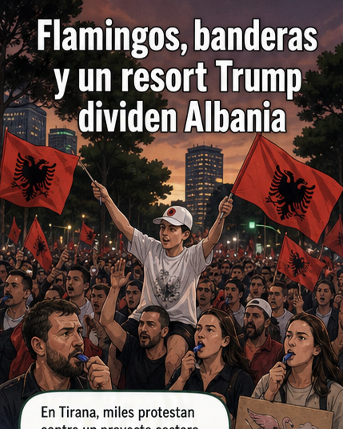 Manifestantes con flamingos de cartón protestan en Tirana contra un desarrollo turístico costero vinculado a la familia Trump.