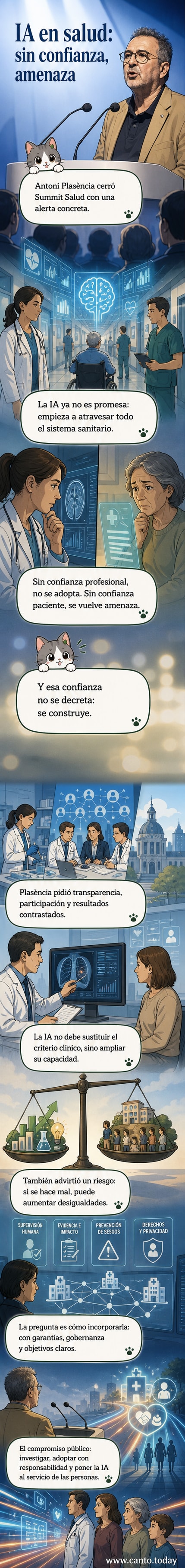 Ilustración de un médico y un paciente observando juntos una interfaz digital con algoritmos de IA, mientras una balanza equilibra ética y tecnología.