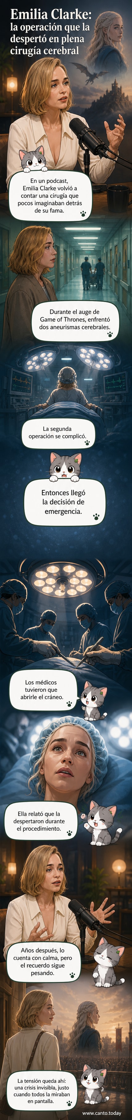 Ilustración de Emilia Clarke en un quirófano, con médicos alrededor, mientras es despertada durante una cirugía cerebral.