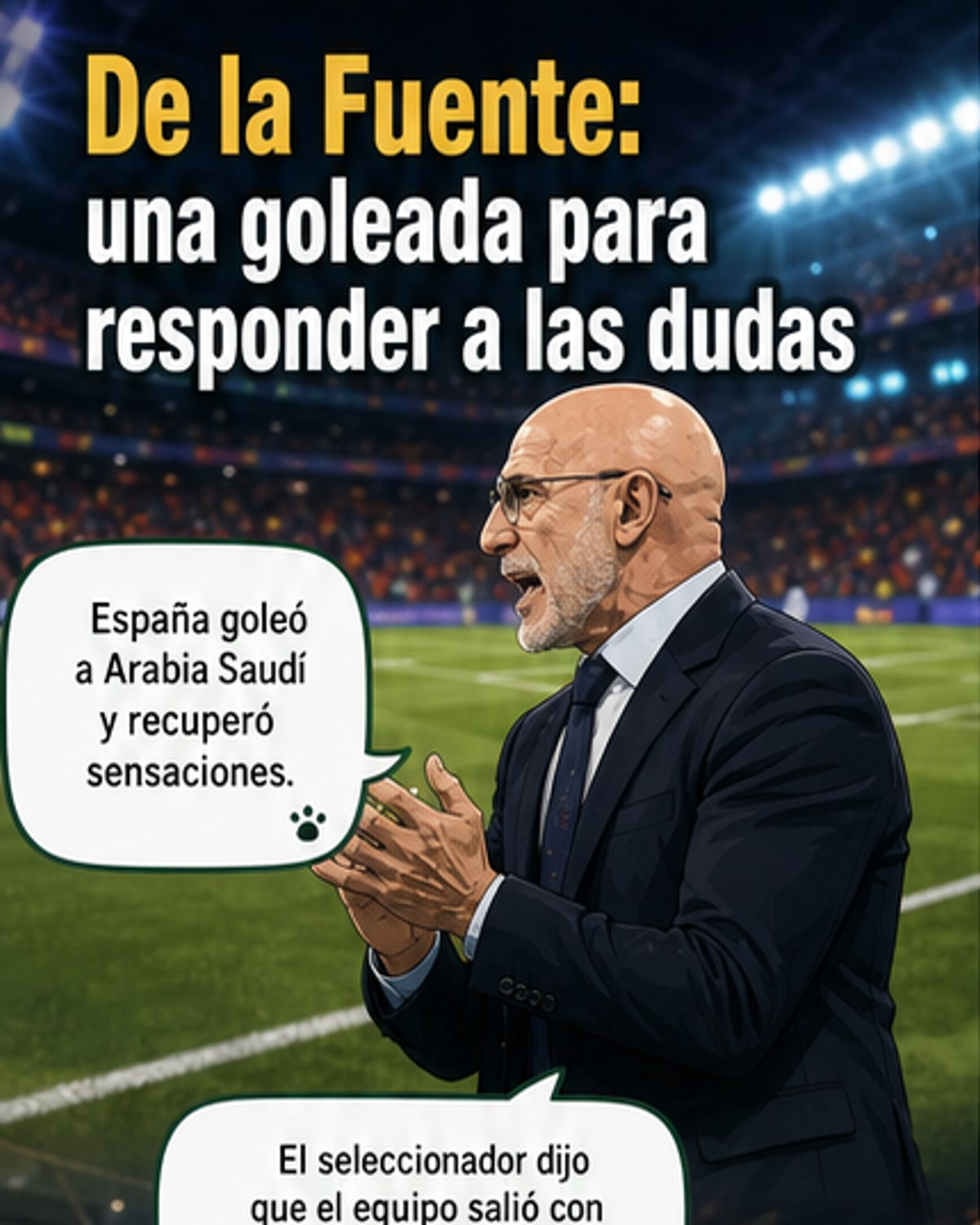 Entrenador Luis de la Fuente habla tras el partido mientras los jugadores celebran en el fondo.