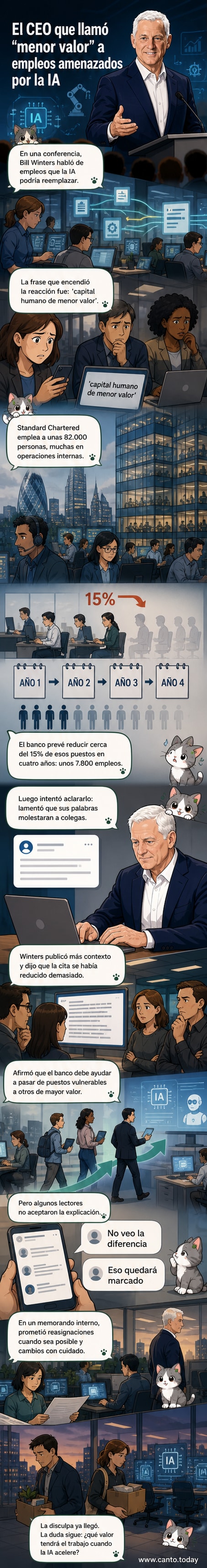 Ilustración de un ejecutivo frente a empleados con símbolos de IA y máquinas, mostrando tensión entre tecnología y fuerza laboral.