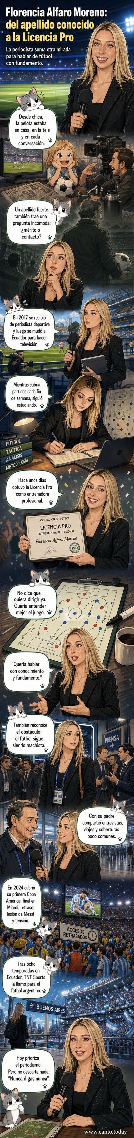Ilustración de Florencia Alfaro Moreno con camiseta técnica y diploma, rodeada de siluetas de estadios y pantallas de transmisión.