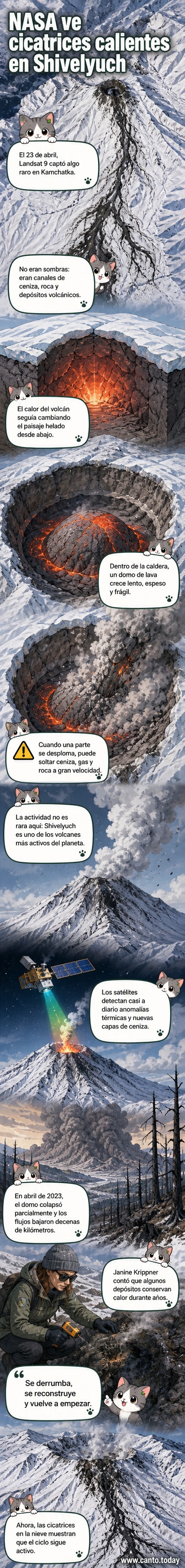 Imagen satelital del volcán Shivelyuch en Kamchatka, con canales oscuros visibles en la nieve que indican actividad volcánica reciente.