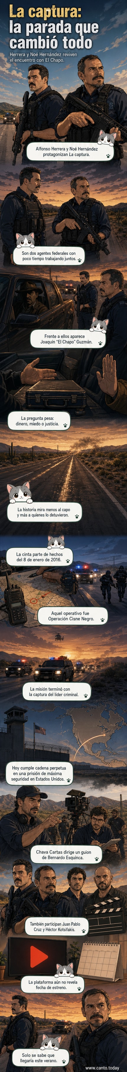 Dos agentes federales mexicanos en una camioneta policial de noche, frente a un hombre en el camino que podría ser 'El Chapo', con montañas al fondo.