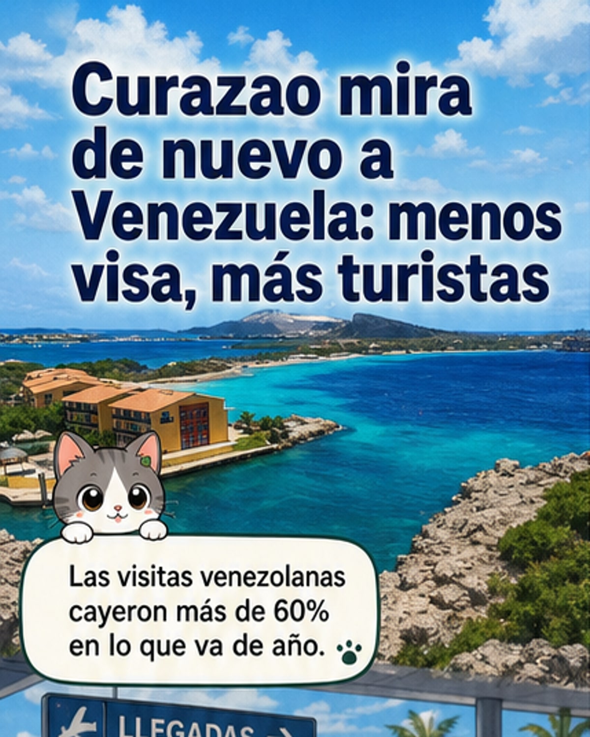 Ilustración de una isla tropical con aviones y barcos llegando, mientras personas cruzan una frontera con pasaportes y visas, simbolizando el flujo turístico entre Curazao y Venezuela.
