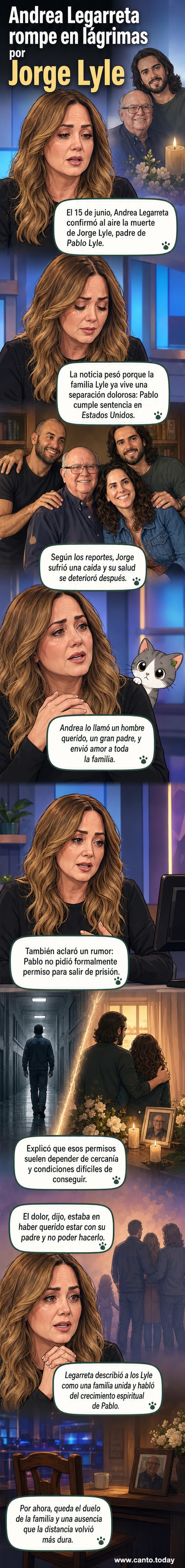 Andrea Legarreta con lágrimas en los ojos mientras anuncia en televisión la muerte de Jorge Lyle, padre del actor Pablo Lyle.