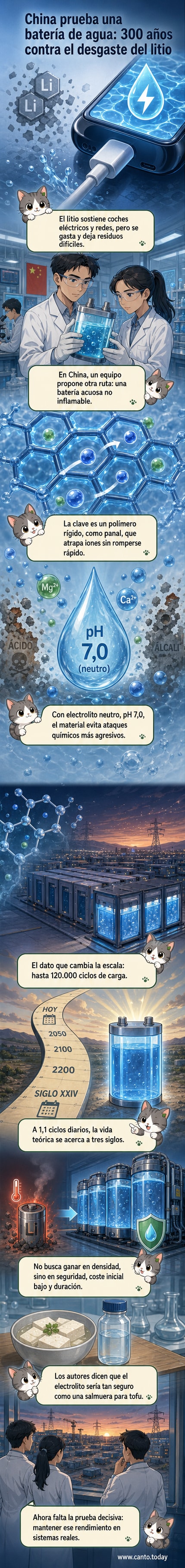 Ilustración de una batería transparente llena de agua con estructuras moleculares estables y un reloj marcando más de 300 años, simbolizando su extensa vida útil.