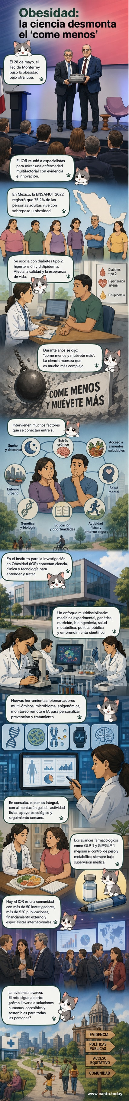 Ilustración de un cerebro, un genoma, una balanza y un entorno urbano conectados, simbolizando los múltiples factores que influyen en la obesidad.