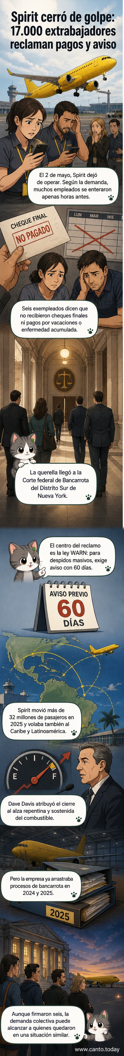 Ilustración de una aerolínea cerrando sus operaciones, con empleados en el mostrador y un avión en pista sin actividad, simbolizando el impacto laboral del cierre abrupto de Spirit Airlines.