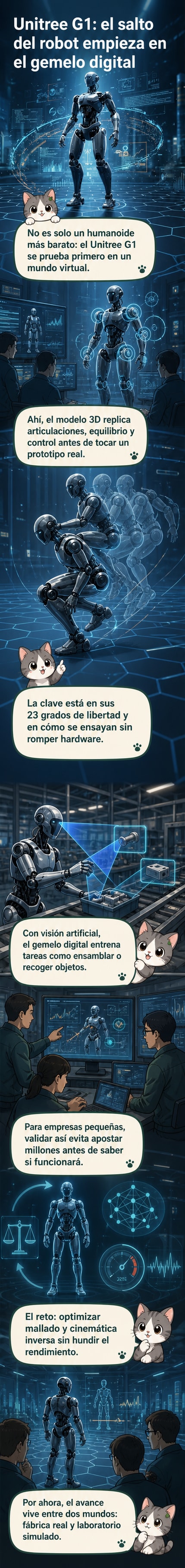 Ilustración de un robot humanoide Unitree G1 en un entorno 3D simulado, con líneas de movimiento y articulaciones destacadas.