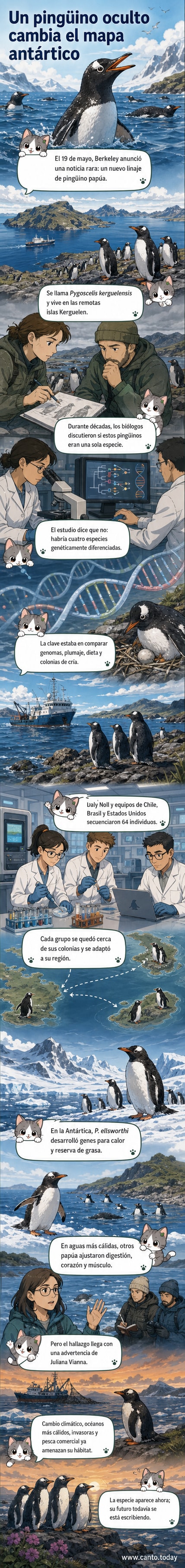 Ilustración de un pingüino papúa en un paisaje antártico con detalles genéticos visibles en el fondo, destacando diferencias entre poblaciones.