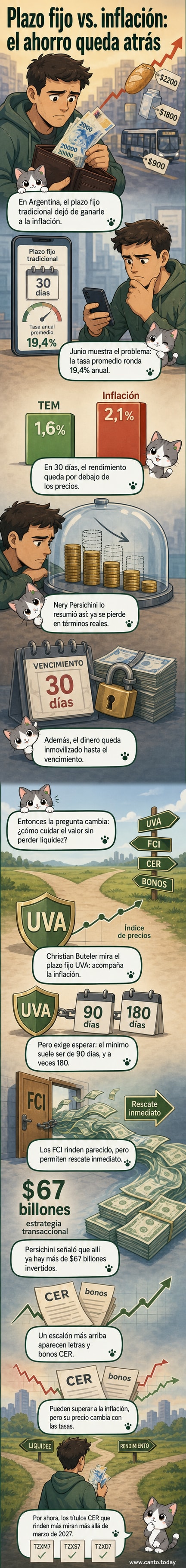 Ilustración de una persona viendo caer el valor de su dinero en un plazo fijo mientras la inflación sube en gráfica