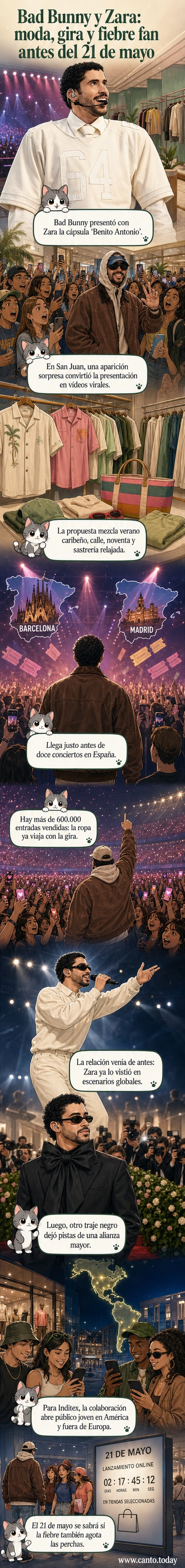 Ilustración de Bad Bunny junto a prendas de la colección 'Benito Antonio' de Zara, con estética urbana y colores vibrantes, en un escenario de concierto.
