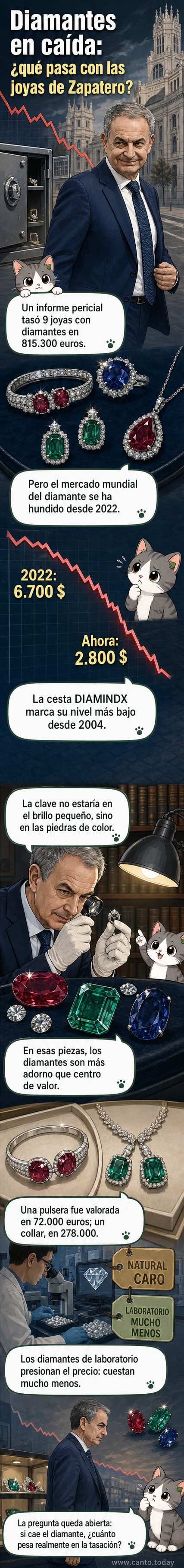 Ilustración de una joya con diamantes y piedras preciosas, junto a una gráfica que muestra la caída del precio de los diamantes desde 2004.