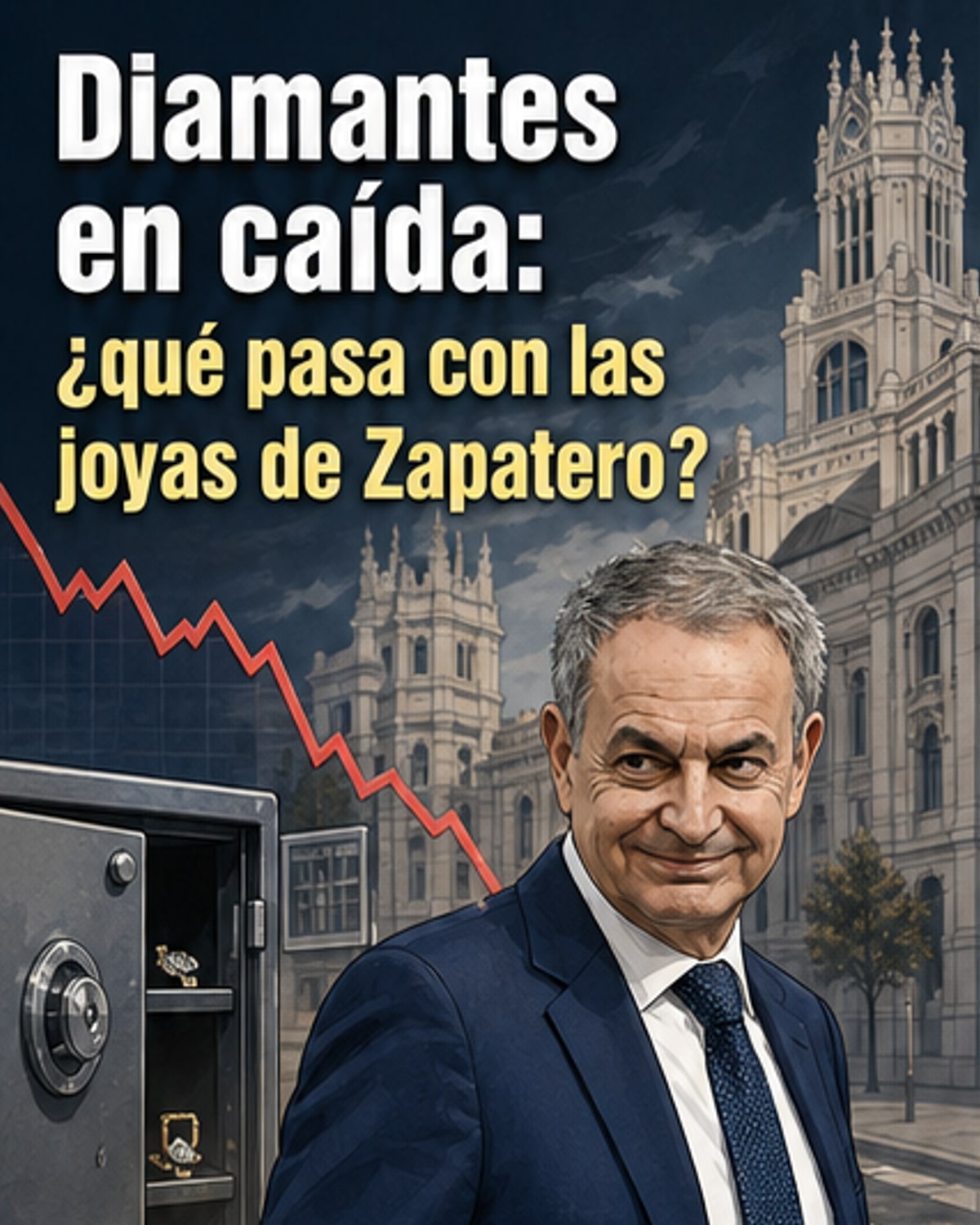Ilustración de una joya con diamantes y piedras preciosas, junto a una gráfica que muestra la caída del precio de los diamantes desde 2004.