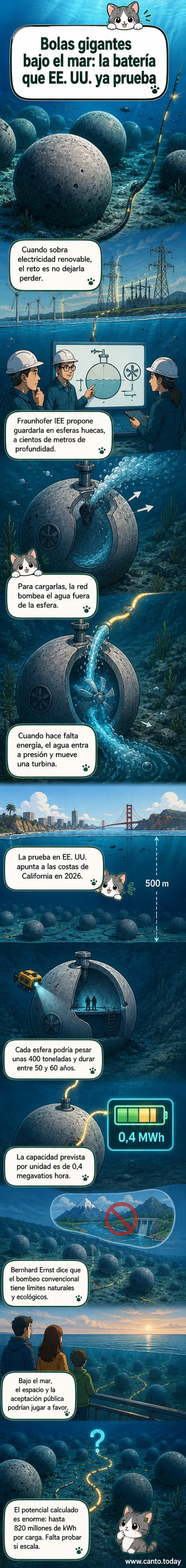 Ilustración de esferas gigantes sumergidas en el fondo del mar, conectadas a turbinas y cables eléctricos, almacenando energía a partir de la presión del agua.