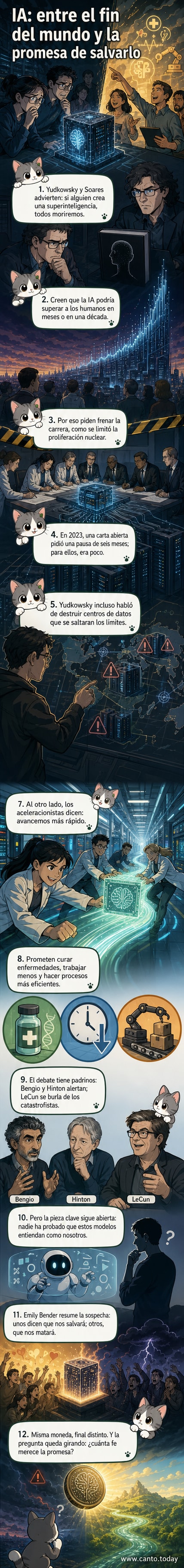 Ilustración de dos figuras enfrentadas: una con una IA que destruye ciudades, otra con una IA que cura enfermedades y mejora la vida humana.