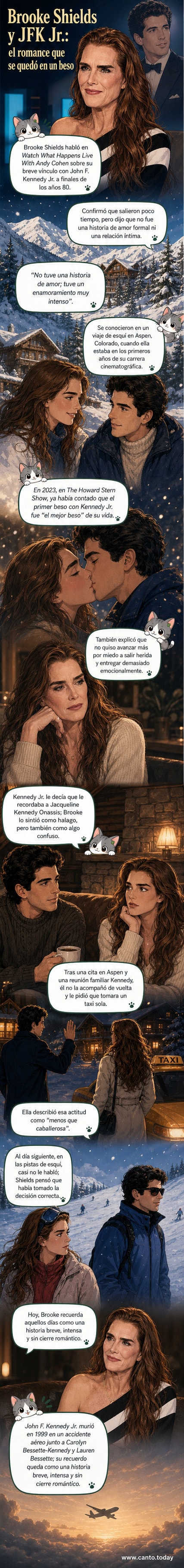 Ilustración estilizada de Brooke Shields y John F. Kennedy Jr. en un chalet de Aspen durante los años 80, con un ambiente nostálgico y tenue.