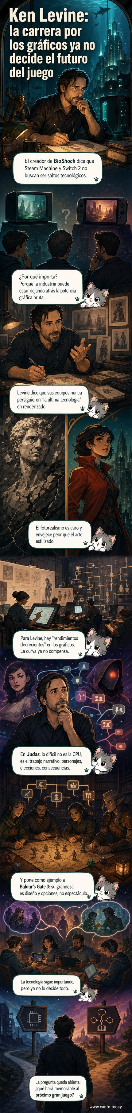 Ilustración de Ken Levine frente a una consola y una pantalla con gráficos estilizados, reflexionando sobre el futuro de los videojuegos.