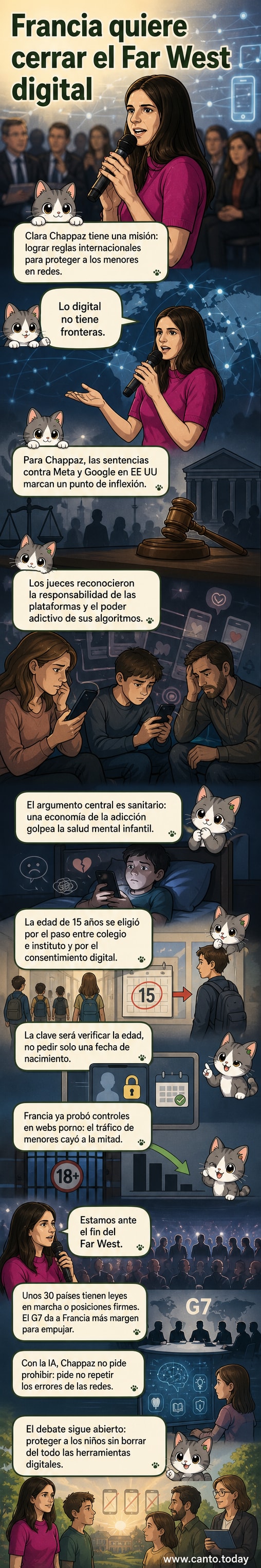 Ilustración de una adolescente frente a una pantalla con advertencia de edad, mientras legisladores discuten en el fondo bajo el lema 'Fin del Far West digital'.