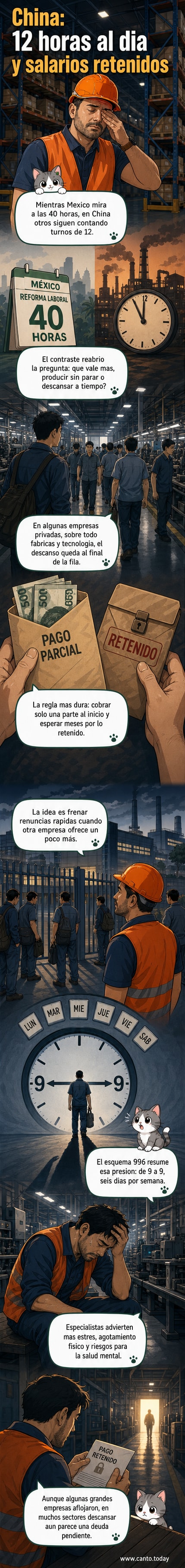 Ilustración que muestra un trabajador en una fábrica china bajo luces intensas, con un reloj marcando 12 horas diarias y un sobre de salario parcialmente sellado.