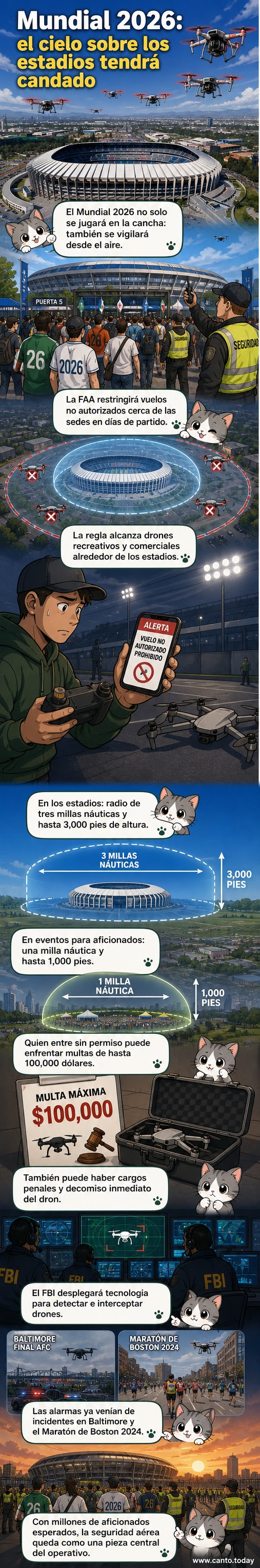 Ilustración de un dron siendo bloqueado por un escudo de seguridad sobre un estadio durante el Mundial 2026.