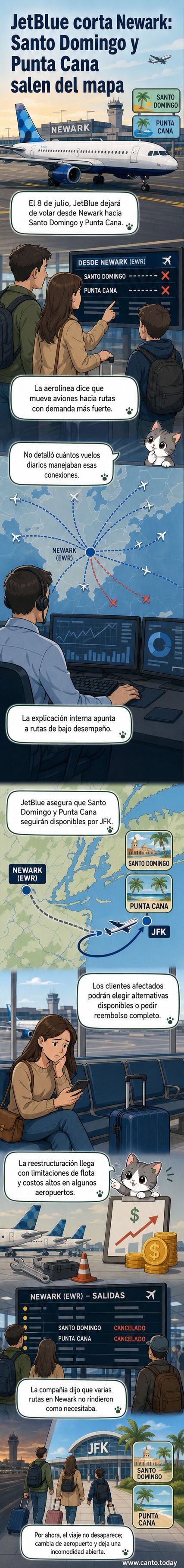 Ilustración de un avión JetBlue alejándose de un cartel de aeropuerto que muestra las rutas a Punta Cana y Santo Domingo, con fecha del 8 de julio marcada en rojo.