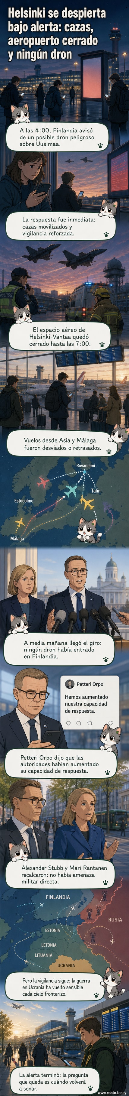 Ilustración de un dron volando sobre Helsinki con aviones de combate en alerta y un aeropuerto cerrado en segundo plano.