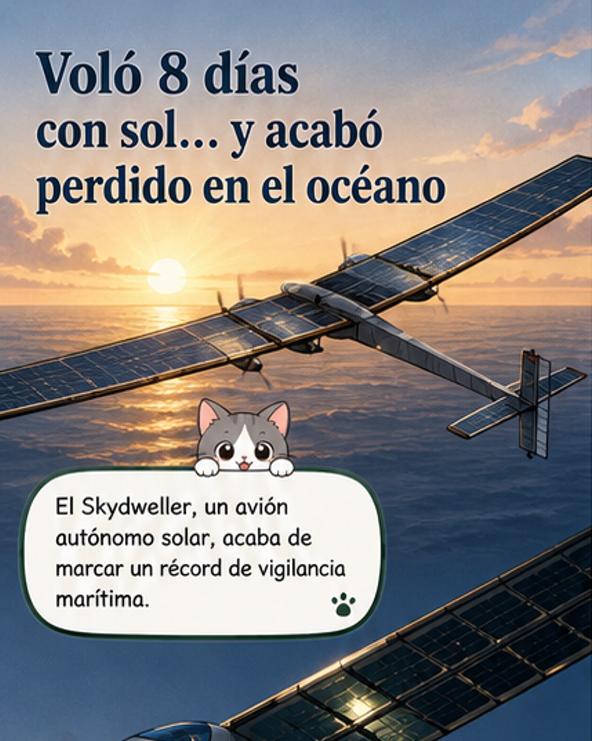 Avión solar voló 8 días y se perdió en el mar
