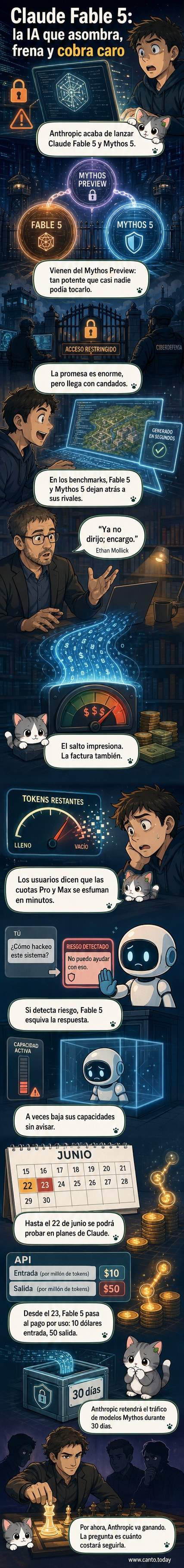 Ilustración de un mago entregando un libro de hechizos a una figura con traje moderno, simbolizando el paso del control humano al poder de la IA en Claude Fable 5.