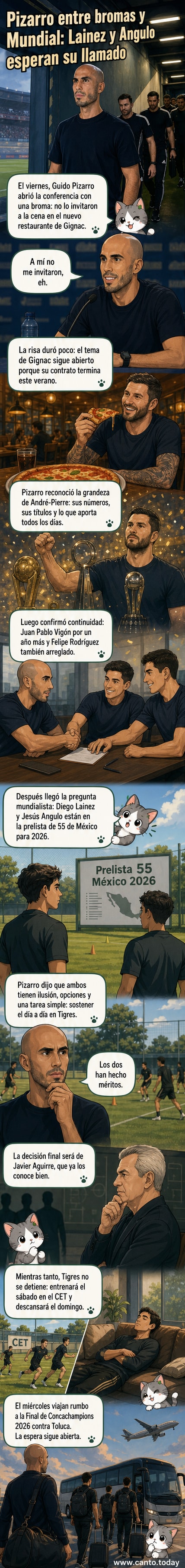 Ilustración de Guido Pizarro sonriendo mientras mira hacia un restaurante de pizzas estilo Marsella, con jugadores de Tigres dentro. Texto: 'Pizarro no fue invitado'.