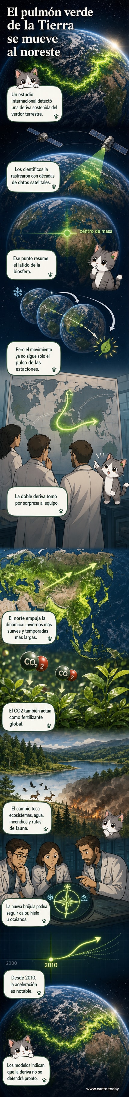 Animación que muestra el desplazamiento del centro de masa de la vegetación terrestre hacia el noreste entre 2000 y 2025, con superposición de datos satelitales y tendencias climáticas.