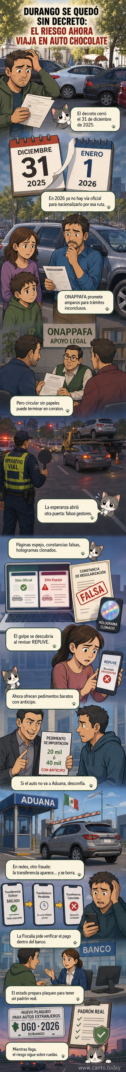 Ilustración de un auto extranjero estacionado frente a un letrero que dice 'Regularización terminada' con fondo de oficinas gubernamentales cerradas.