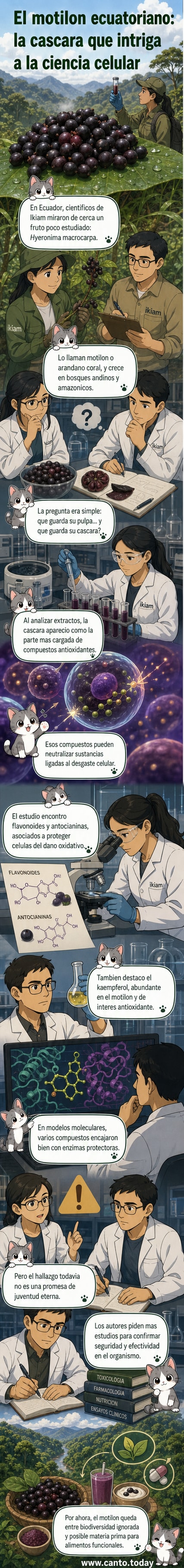 Ilustración de un fruto rojo tipo baya en primer plano, con selva al fondo y líneas moleculares flotando alrededor, representando antioxidantes que interactúan con células.