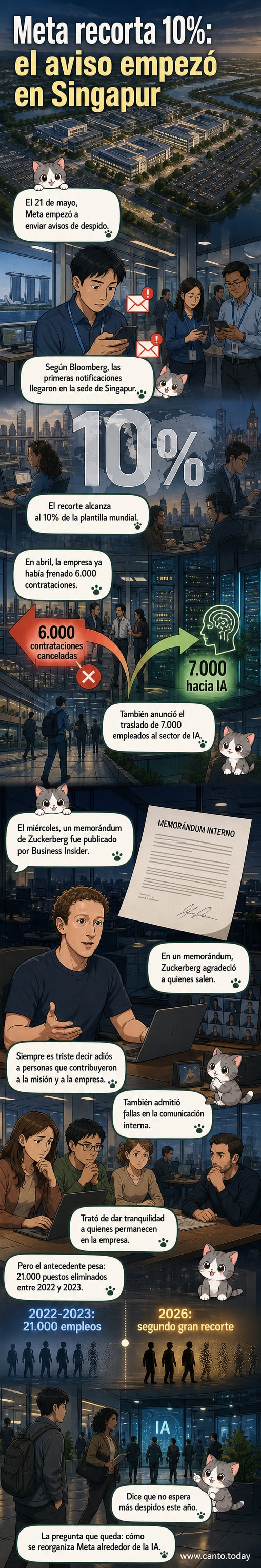 Ilustración de una oficina tech con empleados saliendo, un letrero de 'Meta' parpadeando tenue, y gráficos de despidos bajando.