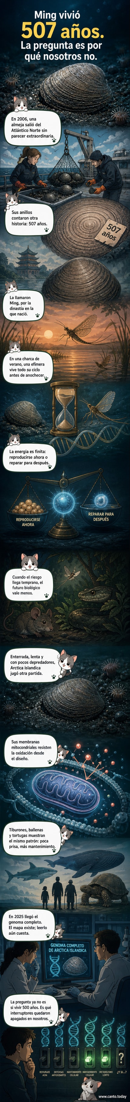 Ilustración comparativa de una almeja centenaria y una efímera, mostrando el contraste entre longevidad extrema y vida efímera en el reino animal.