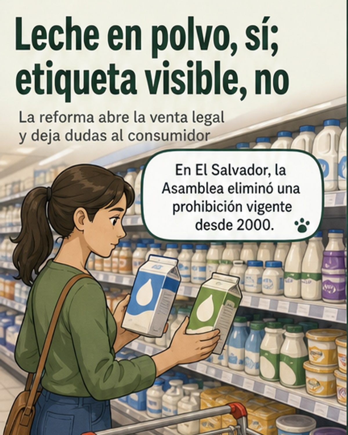 Ilustración de una botella de leche con dos etiquetas: una que dice 'leche fresca' y otra que dice 'leche reconstituida', con un fondo de vacas y fábrica.