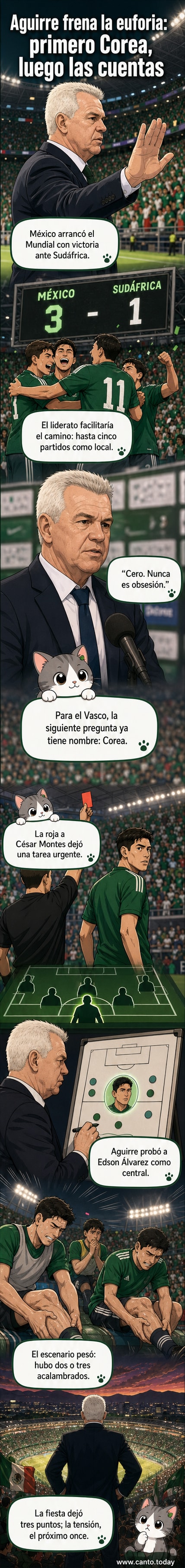 Jugadores de México celebran un gol en su debut en el Mundial 2026 ante Sudáfrica, con el estadio lleno y banderas ondeando.