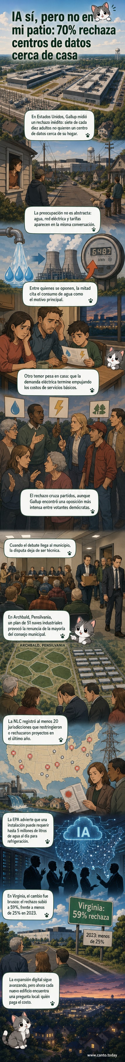 Ilustración de un centro de datos industrial al lado de una casa residencial, con vecinos protestando y señales de advertencia ambiental al fondo.