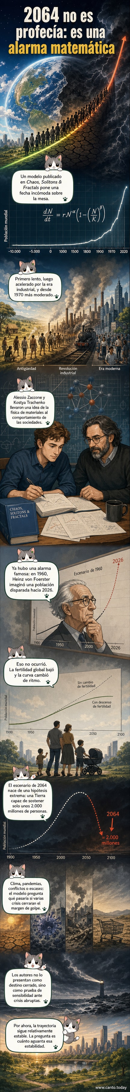 Ilustración de una Tierra fracturada con gráficos de población y fórmulas matemáticas flotando alrededor, simbolizando un modelo que proyecta un posible colapso en 2064.